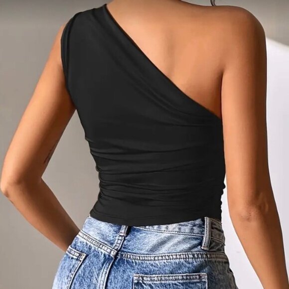 Black one shoulder hanky hem tank top XL (12L) - Picture 3 of 7